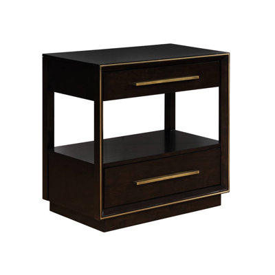 Table de chevet 2 tiroirs avec tablette pour chambre à coucher Style moderne. Brun foncé Et bois. Poignées de tiroir allongées en métal. 29,15 po Profondeur, 18,07 de largeur, 30,09 de hauteur. Finition 60,07 lb