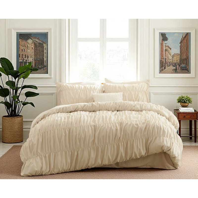 Nayoroom 3 Pieces Ruched Duvet Cover Set Bed Set Boho Bedding Set For Bedroom Soft Fluffy Ruffle Comforter Cover Set With Pillowcases