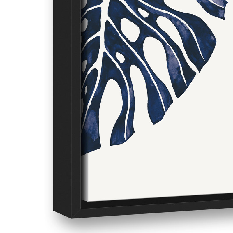 « tropical leaves », reproduction de peinture à l’aquarelle sur toile en bleu, H 19,75 po x l 13,75 po, Cadre noir
