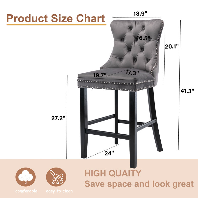 Tabouret de bar rembourré en velours avec dossier capitonné (ensemble de 4), Gris/noir