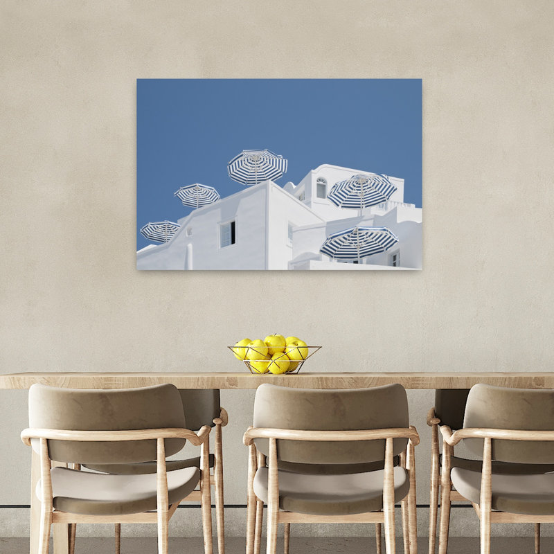 Blue Striped Umbrellas Minimalist Tranquil Vibrant Architecture Summer Wall Art, 36" H x 24" W