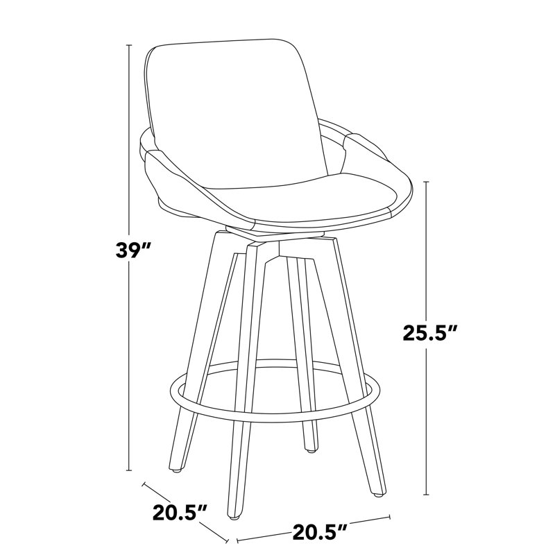 Tabouret de comptoir rembourré à hauteur fixe de 26 po avec pieds en bois noir et repose-pieds rond Whitacre, Gris / Or
