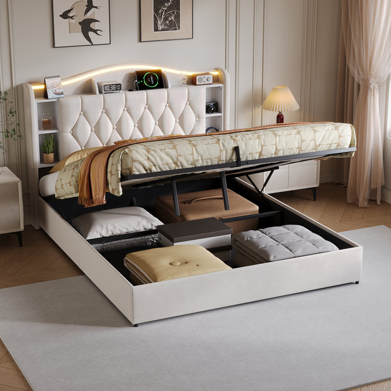 Adyn Upholstered Ottoman Storage Bed, Beige, European Kingsize (160 x 200 cm)
