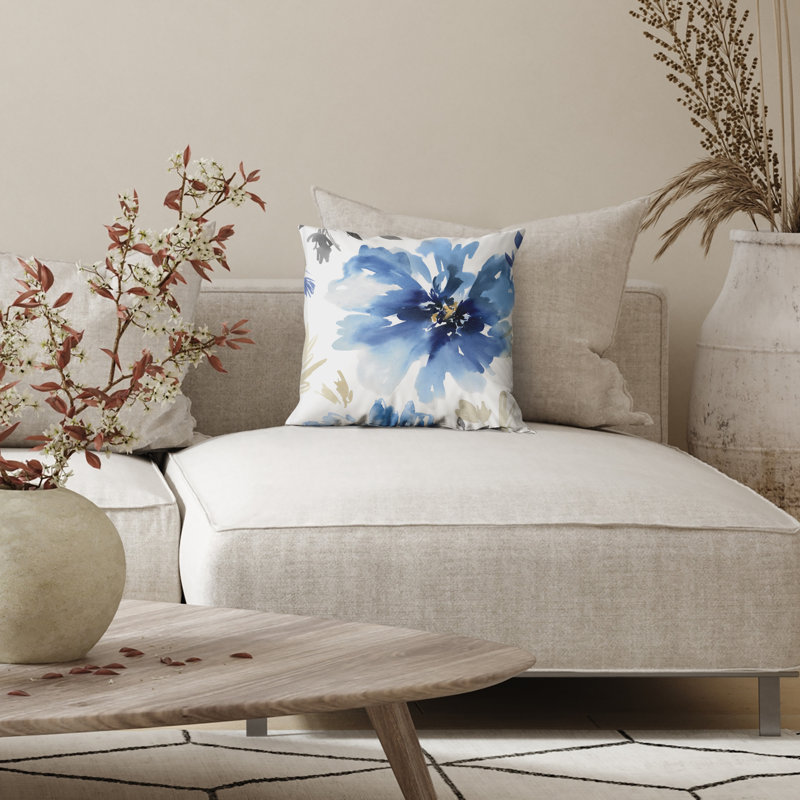 Coussin floral avec polyester de qualité supérieure, Blanc / Indigo, Carré H 20 po x l 20 po