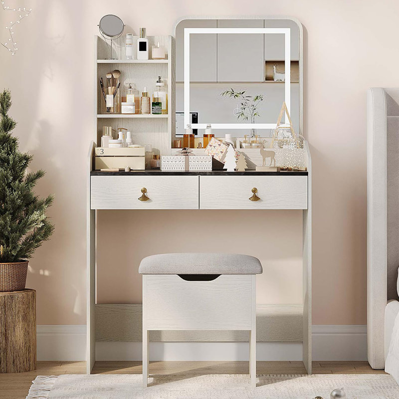 Bureau de coiffeuse avec miroir lumineux à DEL et station de charge, Gris / blanc