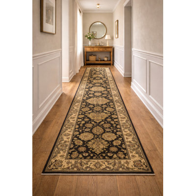 Tapis de couloir oriental noir traditionnel surdimensionné à motif floral Agra Jaipur