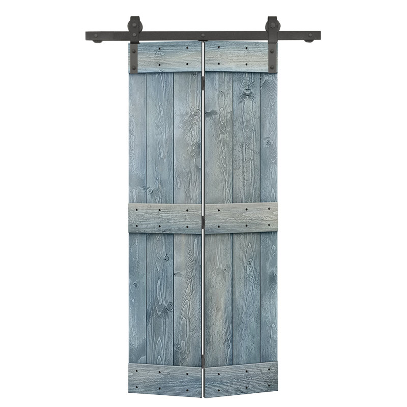 Porte de grange pliante en bois DIY avec ensemble de quincaillerie coulissante, Bleu denim, 36 po x 84 po