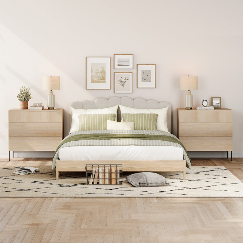 Union Rustic Modern Minimalist Wooden Nightstand Set Of 2,31.5" Large End Table With 3 Drawers,Reeded Design Bedside Table For Bedroom, Living Room,Entryway