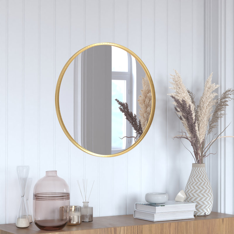 Gagalis Wall Mount Shatterproof Round Accent Wall Mirror with Metal Frame, Gold, 24" H x 24" W x 0.78" D