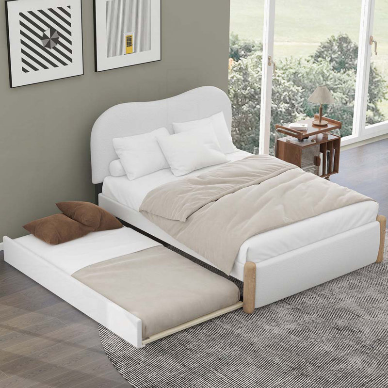 Lit plateforme tapissier avec pieds de support en bois et lit gigogne simple, Lit double, Blanc