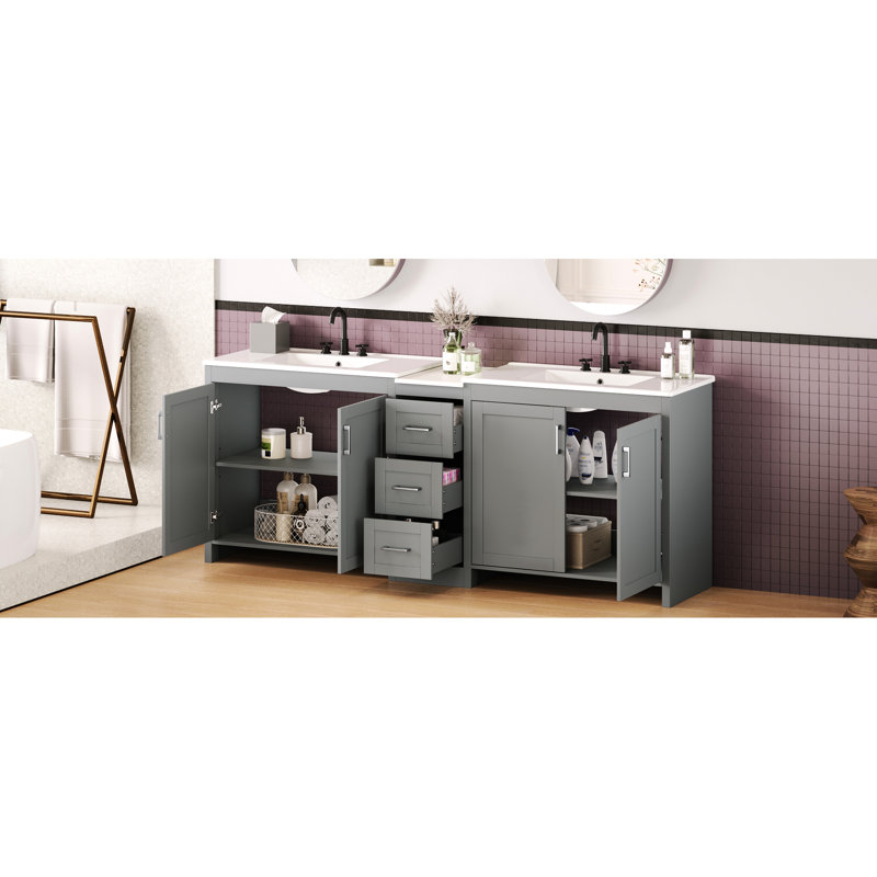 Meuble-lavabo double 84 po gris avec comptoir en quartz, lavabos en céramique, trois tiroirs, espace de rangement réglable et poignées en métal à prise lisse 84 po de couleur, 2 surfaces, 3 tablettes personnalisables
