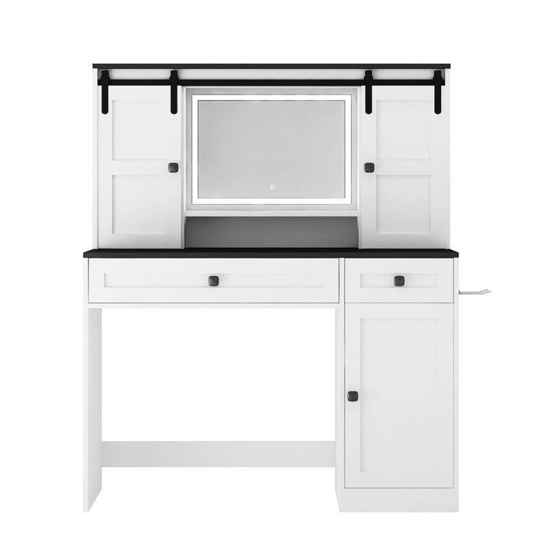 Coiffeuse de 43 po de largeur, avec miroir éclairé et armoire réglable, meuble-lavabo blanc, porte-séchoir à cheveux, maquillage