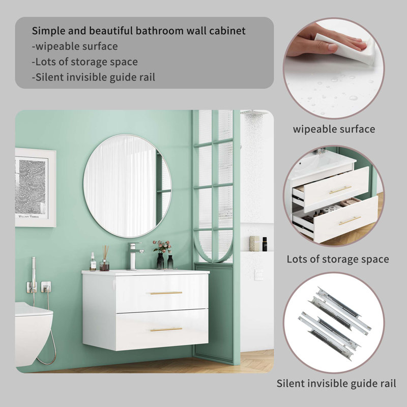 30-Inch Wall-Mounted Bathroom Vanity With Sink Combo, Double Drawers, Ceramic Sink, Long Metal Handle, Easy Installation