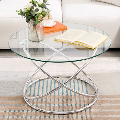 80CM Modern Round Tempered Glass Coffee Table with Metal Base, Clear Center Table for Living Room