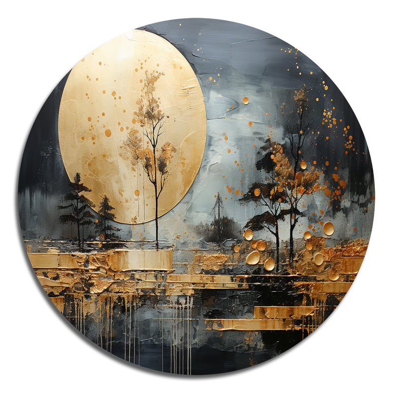 Or doré, lueur dorée I - Art abstrait rond en métal, H 16 po x l 16 po x P 1 po