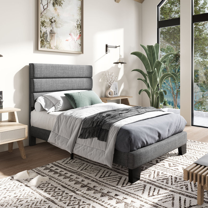 Lit plateforme Elison avec tête de lit tapissier en tissu et lattes en bois, Gris, Simple