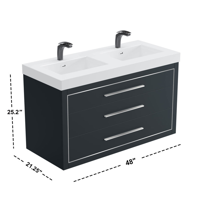 Meuble-lavabo mural double 49 po avec surface solide 49 po, Gris anthracite, Chrome