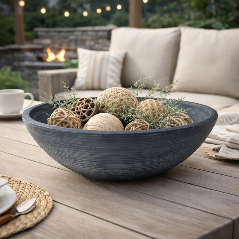 Bol décoratif Mio, terre cuite bleue vieillie ronde de 16 pouces