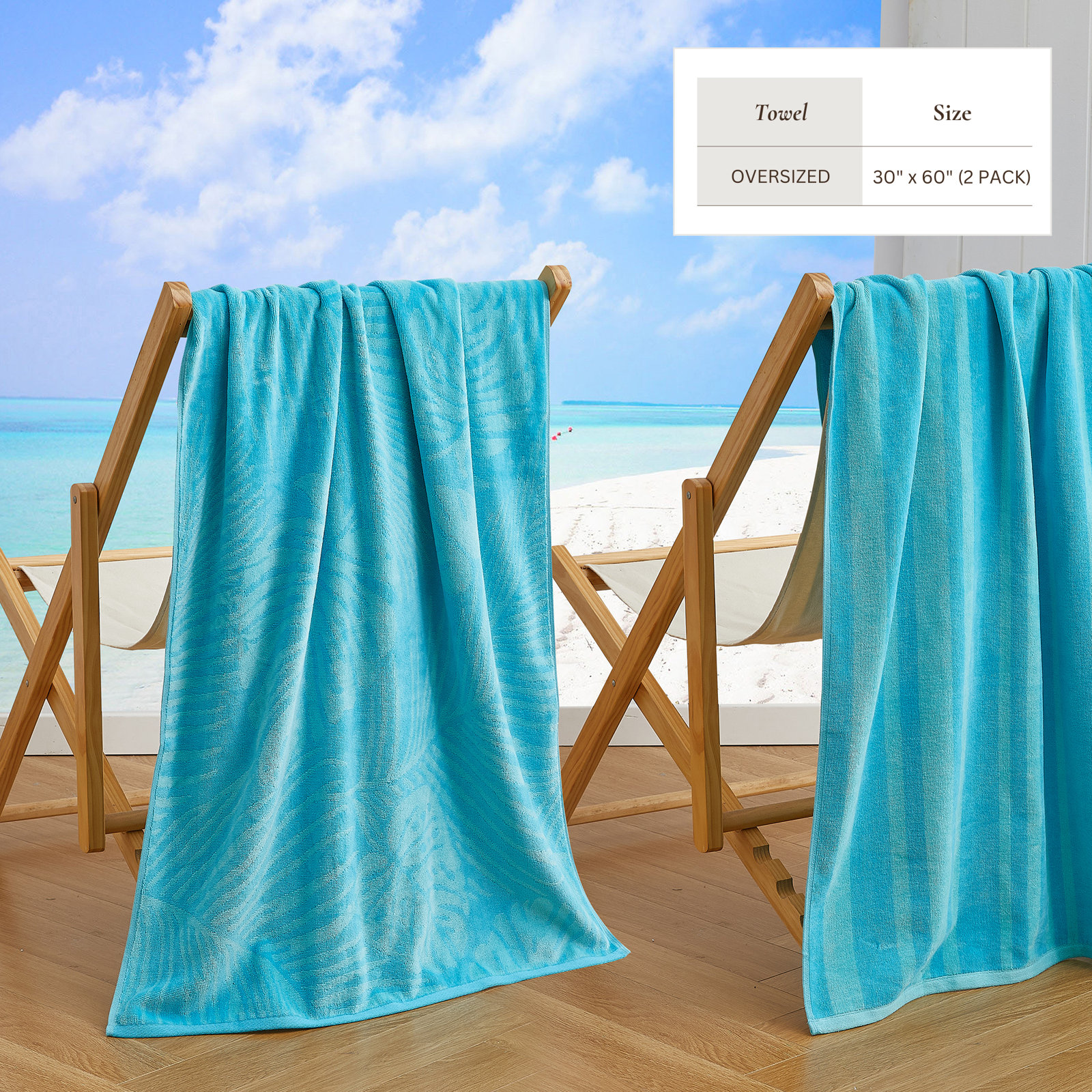 2-Piece Jacquard Cotton Beach Towel Set, Turquoise/Teal Palm Leaf & Stripe