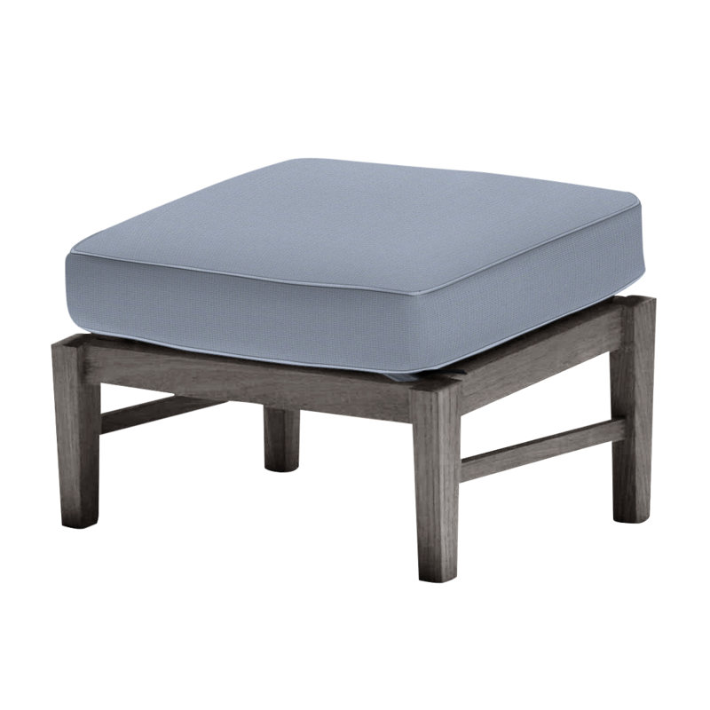 Croquet Outdoor Teak Ottoman with Cushion, No Welt, Arbor Chambray Dove Sunbrella®, Oyster Teak