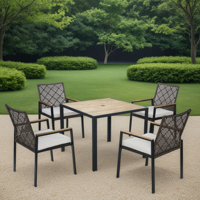 Modern Dining Patio Furniture Set - Pe Rattan, Powder-Coated Frame & Solid Acacia Wood - 4-Chair & Square Table Set, Weather-Resistant, Ergonomic Thick Padded Seats, 352Lbs Capacity, Uv Cushions & Water-Protected Wood