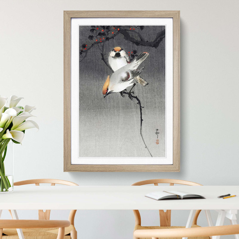 Bohemian Waxwing Birds by Ohara Koson - Picture Frame Painting Print, Oak Framed, 48cm H x 36cm W x 2cm D