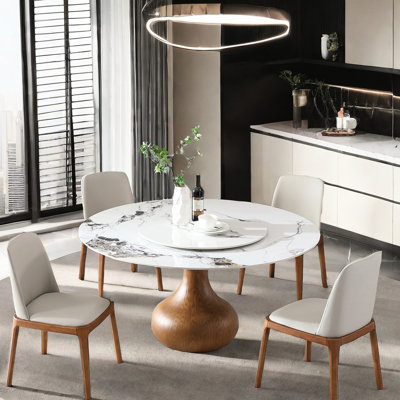 Round Sintered Stone Dining Table With 360 Rotating Lazy And 4 Chairs, 59" Size, Ideal For Room Compact Spaces, Luxury Design , Modern, Suitable Small