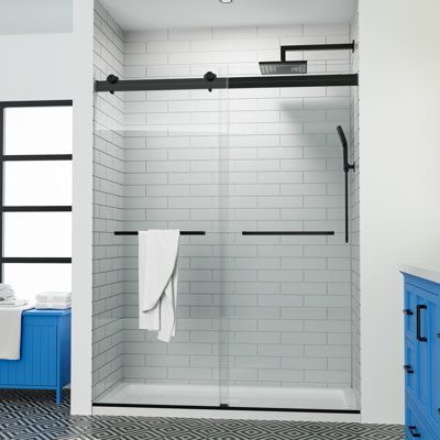 Porte de douche coulissante double sans cadre de 56 à 60 po x H 75 po avec verre trempé transparent de 5/16 po (8 mm) avec système de fermeture en douceur