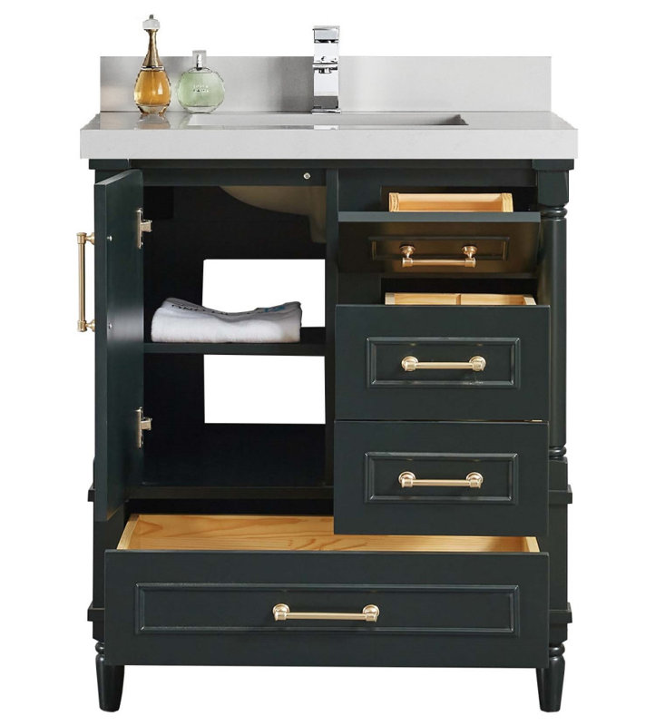 Ensemble de meuble-lavabo simple 30 po Dajion, Quartz de Carrare, bordure droite