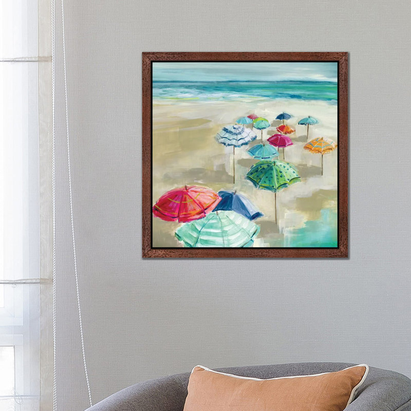 Umbrella Beach I by Carol Robinson - Painting on Canvas, 45.72 cm H x 45.72 cm W, Brown Framed