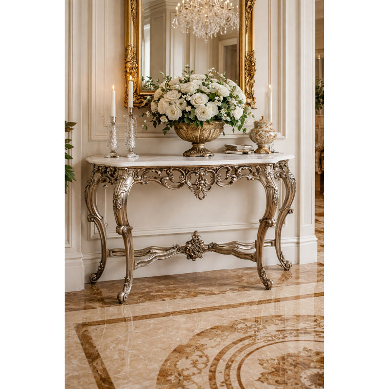 Genuine Marble Console Table, 34.25" H x 53" W x 16.93" D, White Top/Silver Base