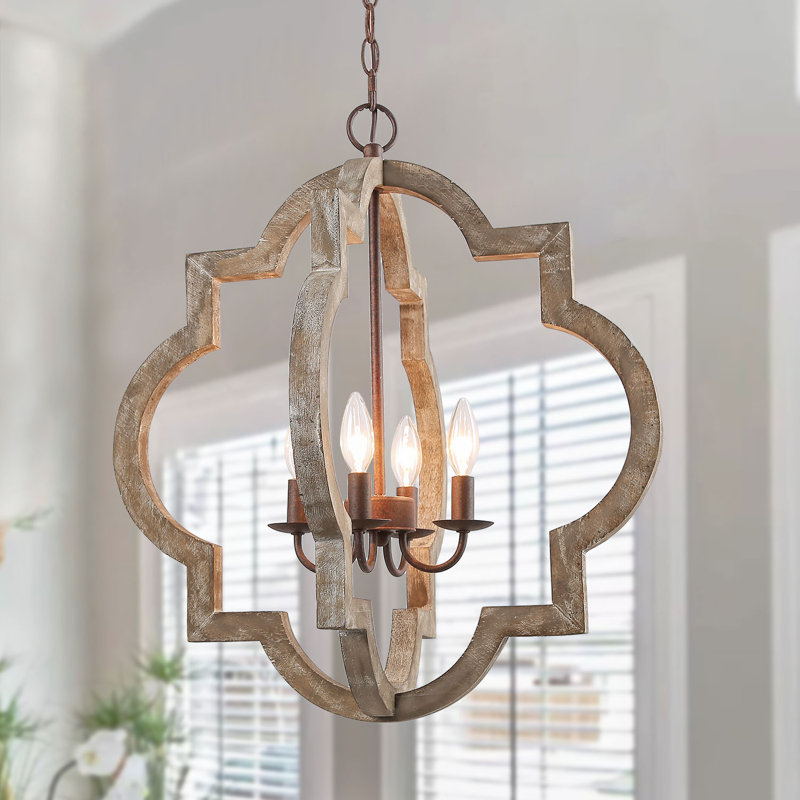 Lustre géométrique à 4 lumières de style bougie avec détails en bois Aziz, H 25 po x l 22 po x P 22 po, Bronze