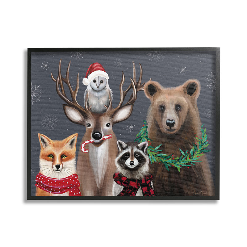 Winter Woodland Animals Christmas Canvas Print in Black Frame
