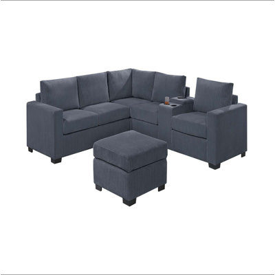 Modern Functional Dark Gray Corduroy Upholstered Sectional Set Living Room One Arm Loveseat Wedge Console Ottoman 4Pc Couch Sofa Set