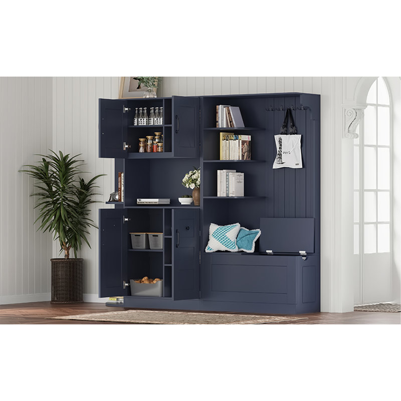 Multifunctional Left-Right Combination Hall Cabinet (Can Be Used Separately) With Storage And 4 Hooks, Storage Cabinet/ Hall Tree 2 In 1 For Living Room, Kitchen And Hallway