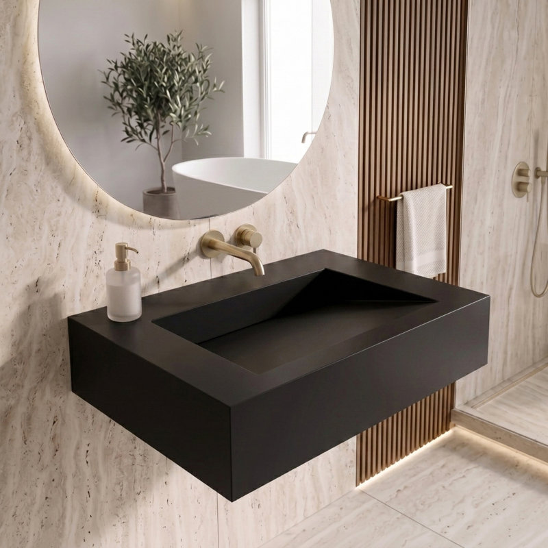 Pyramid 24" Wall-Mounted Modern Bathroom Sink with Ramp Basin - Black, No Faucet Hole, No Hole , Black