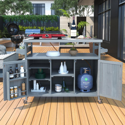 Outdoor Kitchen Island, Rolling Bar Cart & Storage Cabinet, Farmhouse Solid Wood Outdoor Grill Table With Stainless Steel Top, Spice Rack , Towel Rack For Kitchen & BBQ , Grey Blue
