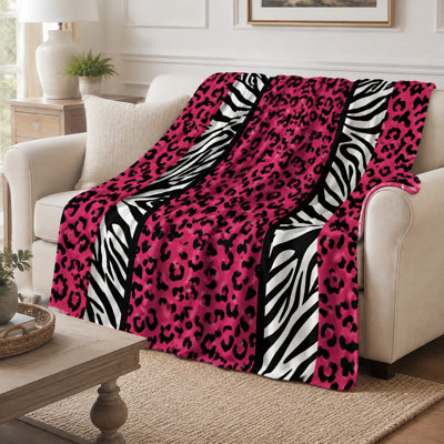 Cozy Flannel Fleece Throw Blanket - Pink Leopard Zebra Patchwork Pattern, Bold Animal Print, Black White Contrast, Ultra Soft, Breathable, All‑Season, Skin‑Friendly, Machine Washable, Decorative, for Sofa, Couch, Living Room and Bedroom