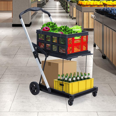 2 Tier Collapsible Shopping Cart, Grocery Cart with Wheels & Removable Crate, Folding Shopping Trolley for Home, Groceries, Supermarket, Portable Util