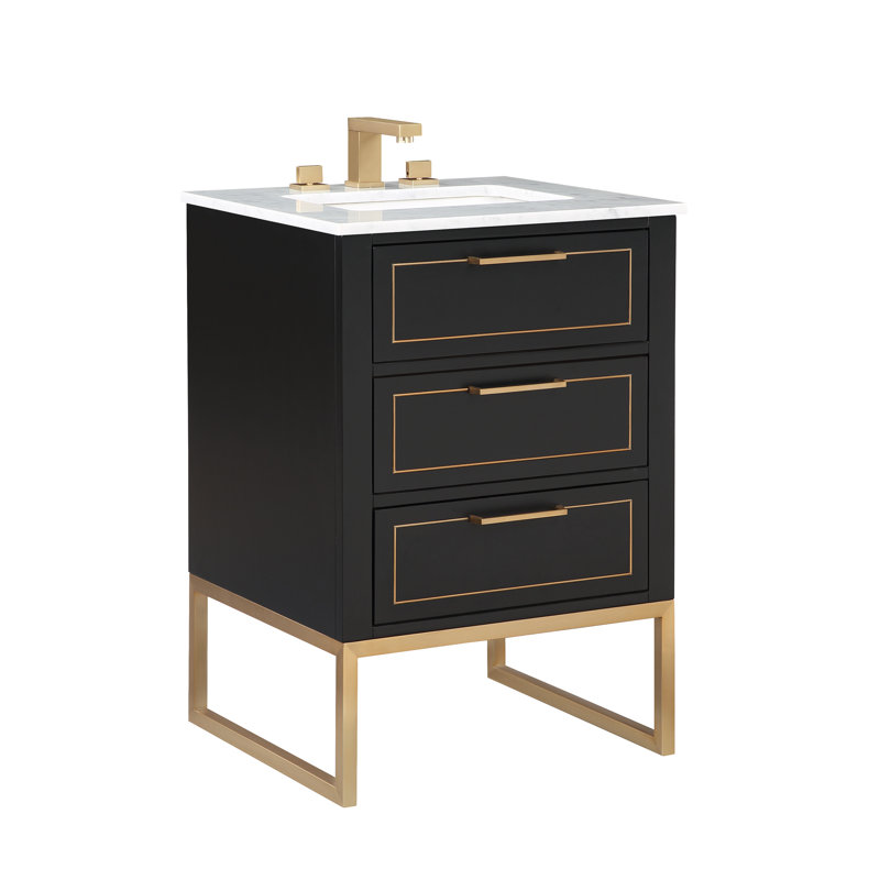 Ensemble de meuble-lavabo simple 24 po Markham, Nuit noire, Marbre de Carrare, Laiton satiné