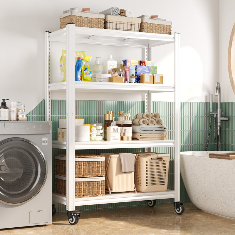 4-tier Heavy Duty Steel Shelving  Unit With 4 Lockable Wheels, Adjustable Shelving Rack With Double-layer Support Columns