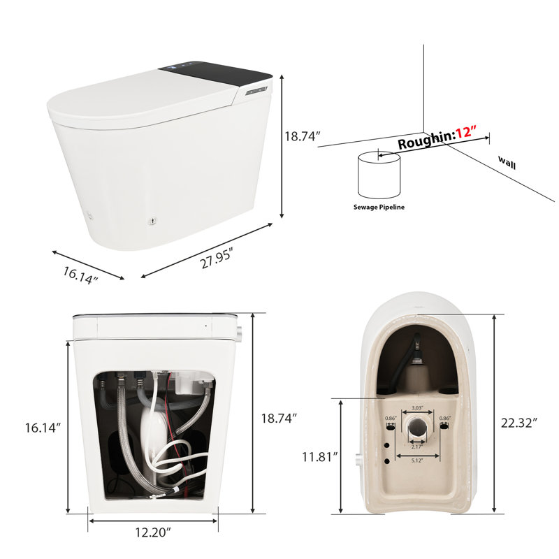 Automatic Smart Toilet With Built - In Bidet, Heated Seat, Warm Water And Dry Function, Foot Sensor Control, Led Display, Remote Operated, White Design. Four Level Radar Sensing, Various Fountain