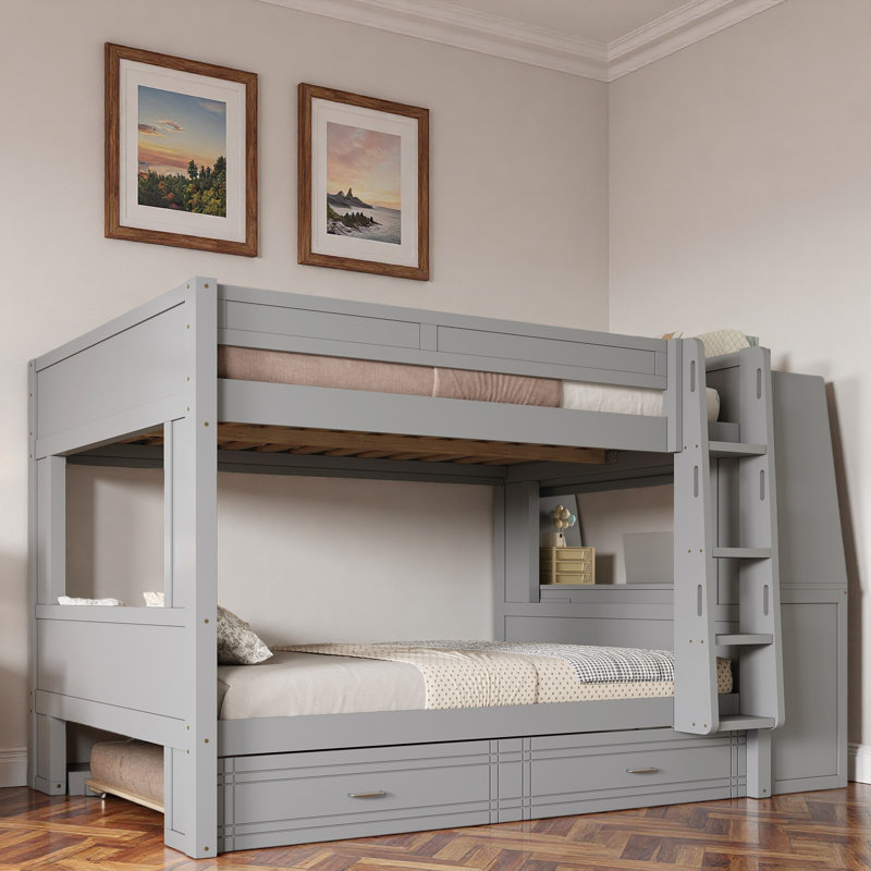 Lit superposé multifonctionnel avec bureau, étagères et lit gigogne, Gris