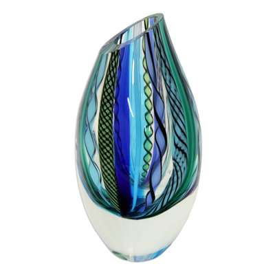 Handmade Glass Table Vase in Blue/Navy/Green -  Novica, 402099