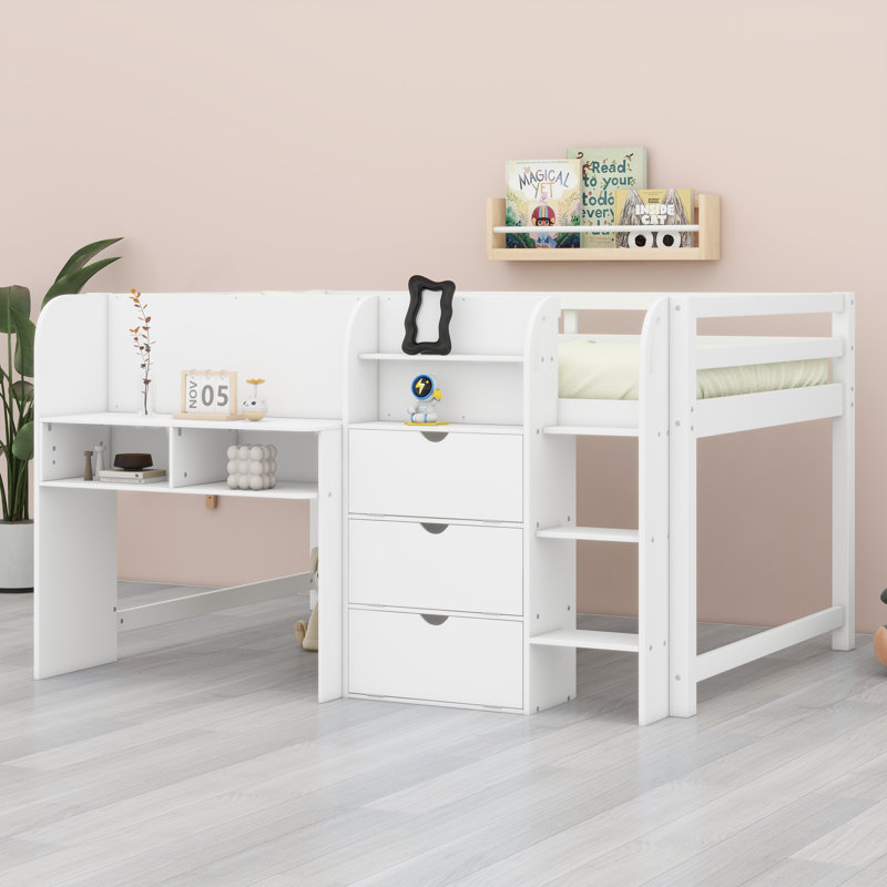 Lit mezzanine bas avec bureau intégré, Blanc