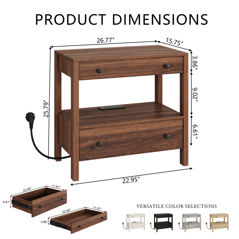 Table de chevet avec station de charge, table de bout en bois avec 2 tiroirs et tablette ouverte MINCETA, table de chevet moderne avec ports USB et prises de courant pour chambre à coucher, salon, noyer