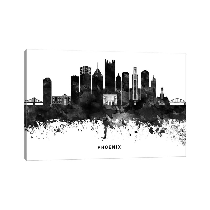 Phoenix Skyline Black & White - Wrapped Canvas Print, 20.32 cm H x 30.48 cm W