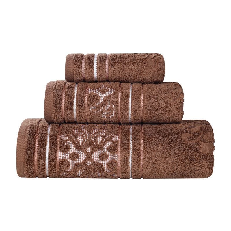 Ensemble de serviettes en coton uni et jacquard Sadie Zero Twist, Ensemble de serviettes - 3 pièces, Floral, Chocolat