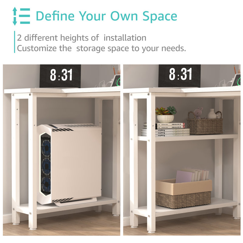 Built-in Outlets L-Shaped Computer Desk with Drawers & Storage Shelves, 29.5" H x 47.2" W x 26.8" D, White