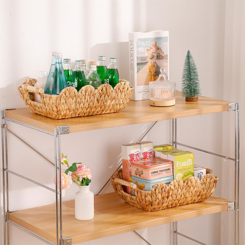 Water Hyacinth Storage Baskets, 2-Pack Handwoven Scalloped Wicker Baskets With Wooden Handles, Foldable Organizer Bin For Shelves, Pantry, Kitchen, Laundry Room & Home Decor